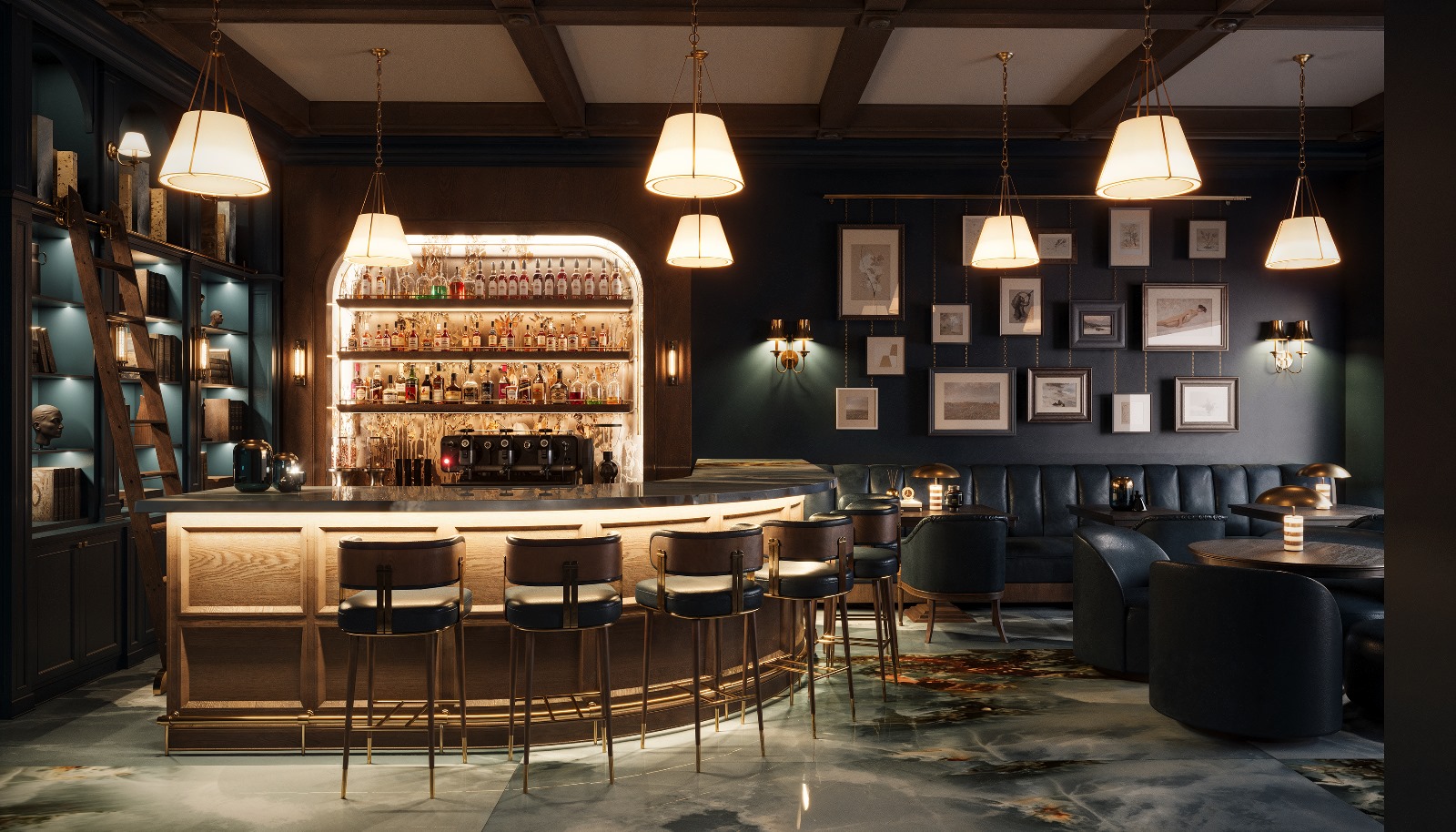 Bespoke white oak bar, library shelving, and millwork in a custom Halifax, Nova Scotia home