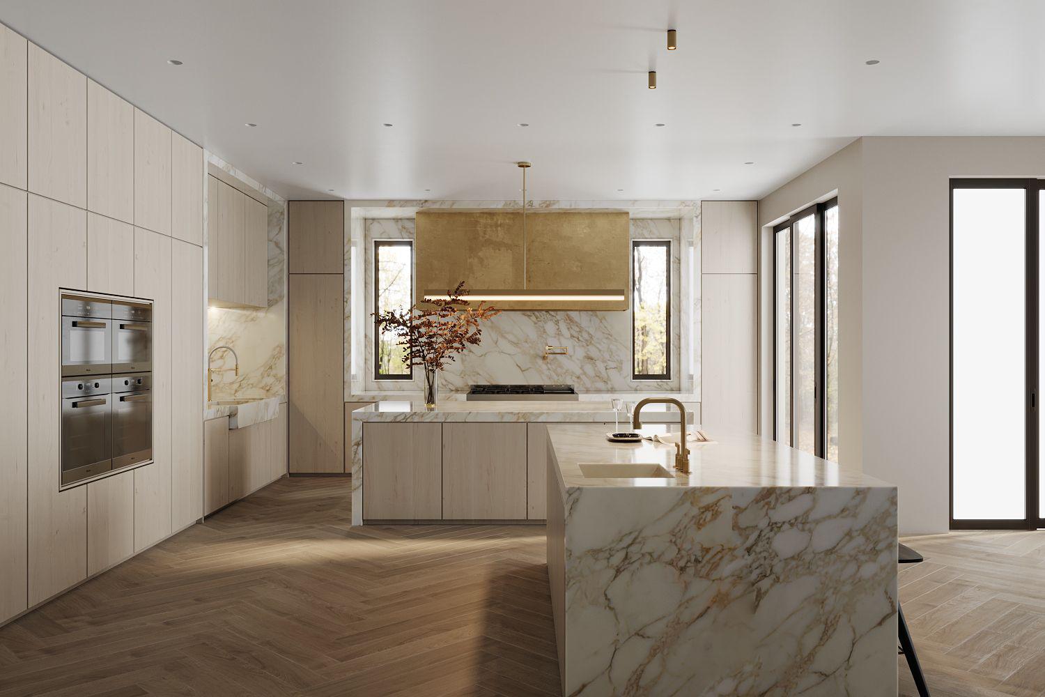 Modern light oak kitchen with book-matched marble island and brass range hood