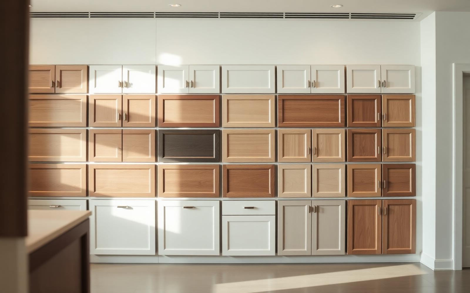 Full wall of cabinet door samples showing wood tones and painted finishes available for Halifax cabinetry